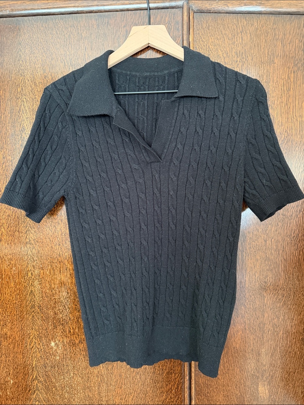 Black Cable-Knit Short Sleeve Polo Sweater